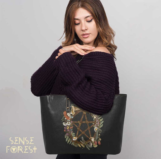 Pentagram Forest wreath cottage witch Vegan leather zip tote bag - sense forest