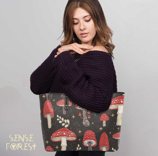 Red Amanita mushroom Leather zip tote PU Leather Tote Bag - sense forest