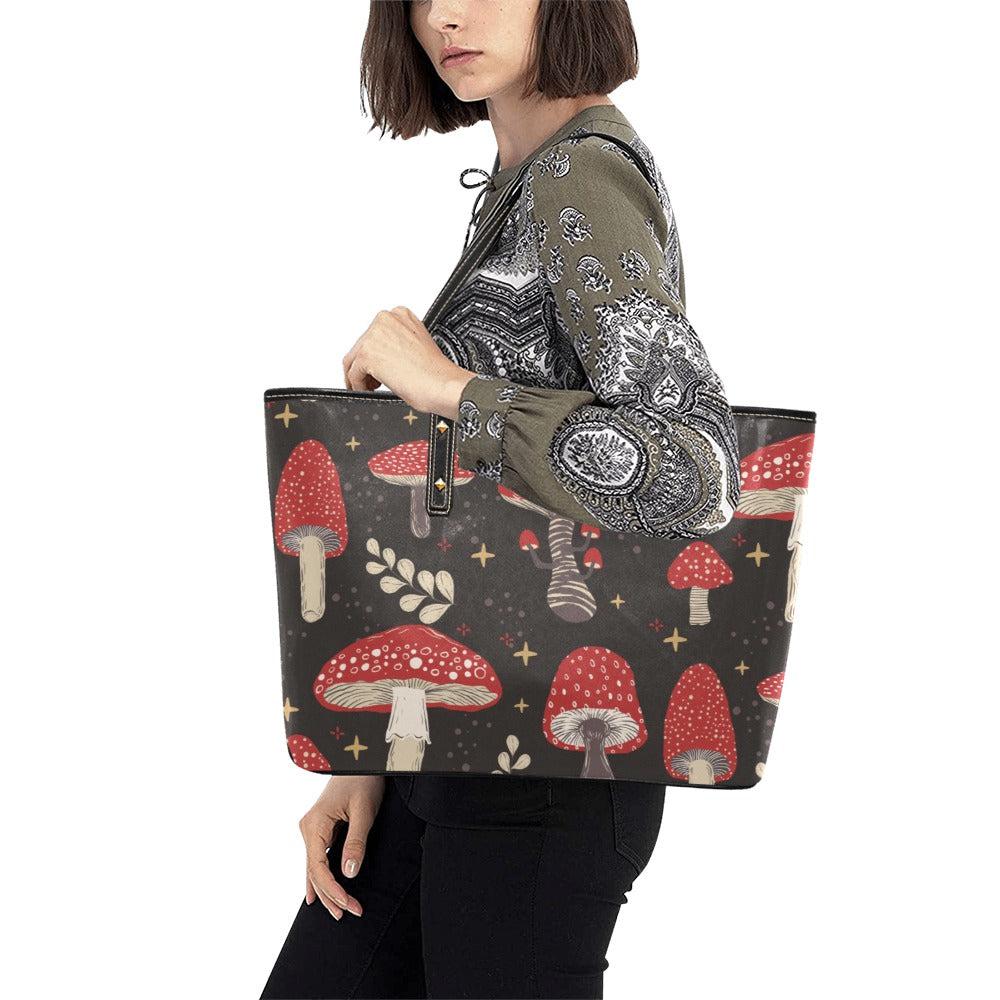 Red Amanita mushroom Leather zip tote PU Leather Tote Bag - sense forest