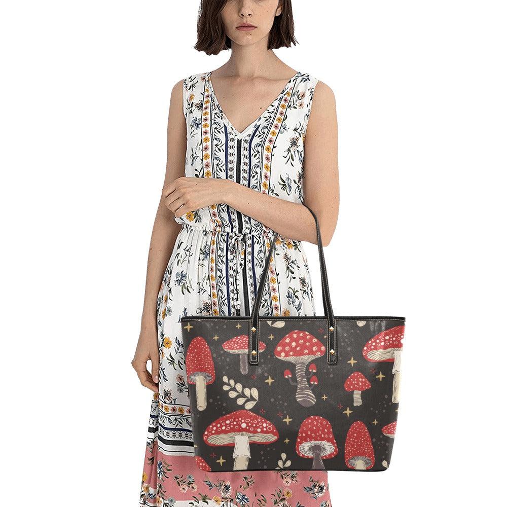 Red Amanita mushroom Leather zip tote PU Leather Tote Bag - sense forest