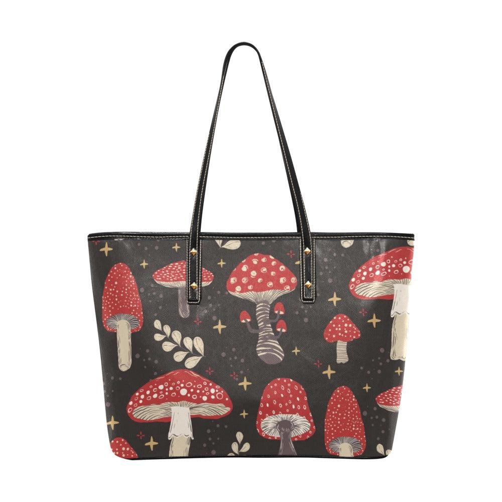 Red Amanita mushroom Leather zip tote PU Leather Tote Bag - sense forest