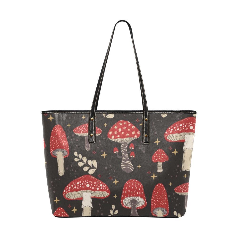 Red Amanita mushroom Leather zip tote PU Leather Tote Bag - sense forest