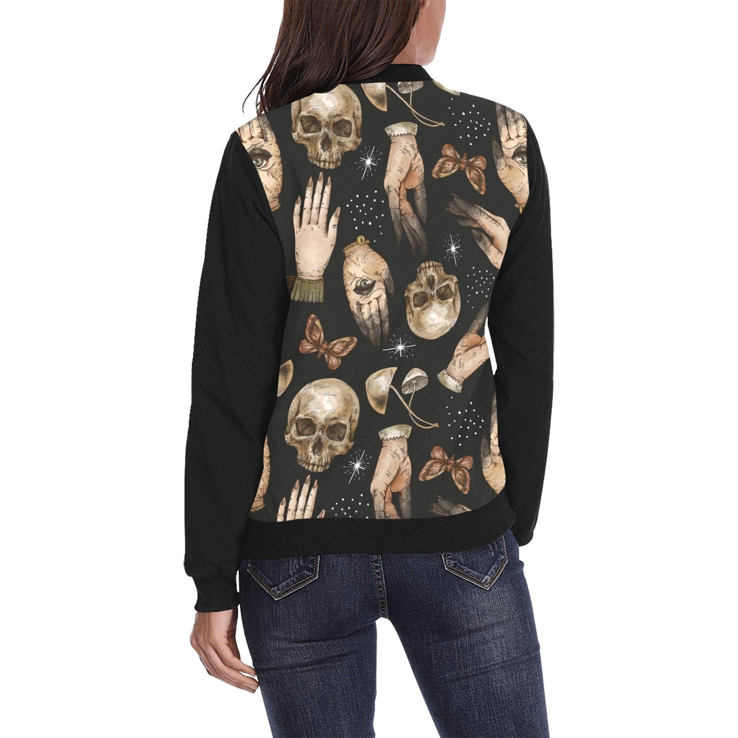 Skull Hand Mushroom Women Bomber Jacket - sense forest