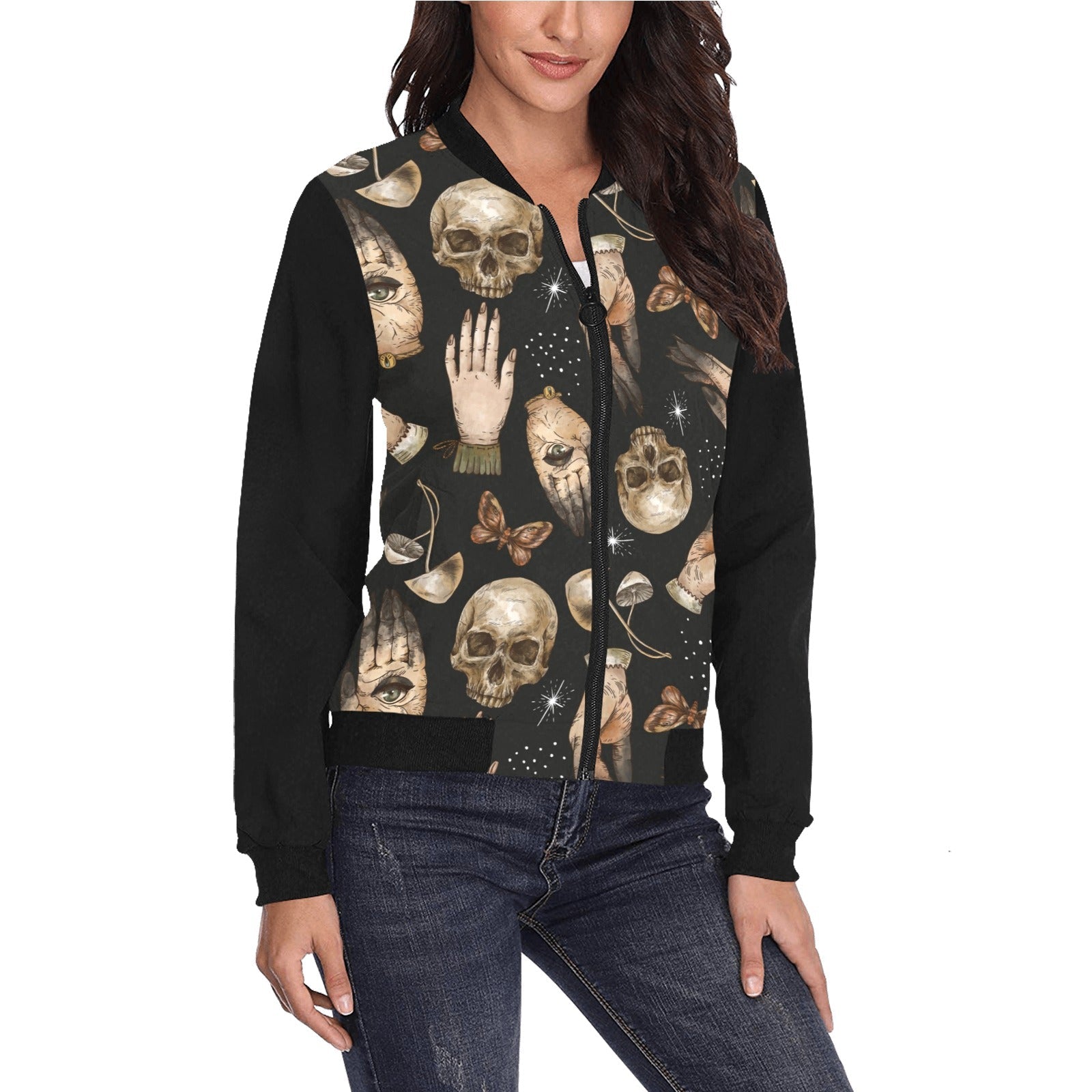 Skull Hand Mushroom Women Bomber Jacket - sense forest