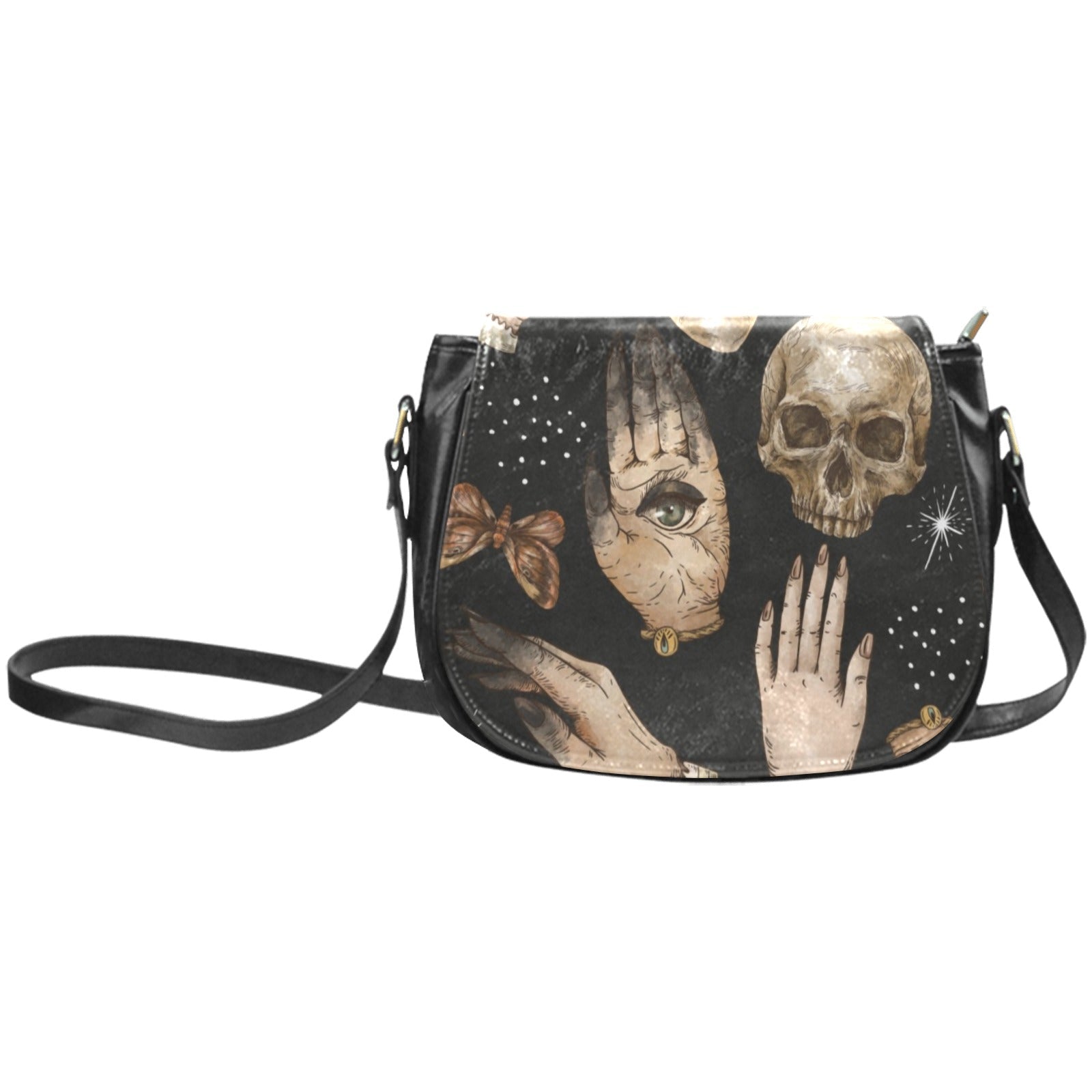 Skull moth mushroom Vegan leather Classic crossbody Saddle Bag - sense forest