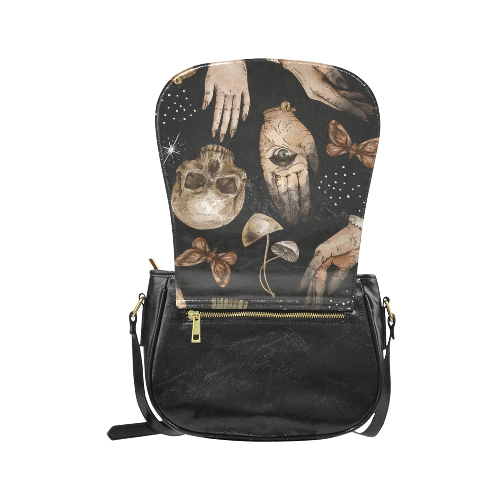 Skull moth mushroom Vegan leather Classic crossbody Saddle Bag - sense forest