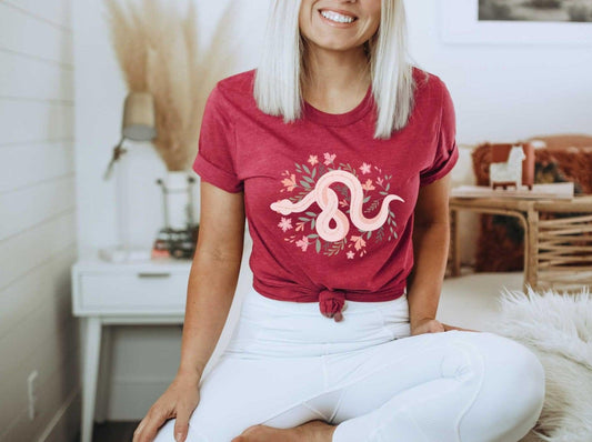 Snake Floral boho witch cottagecore Jersey Short Sleeve Heather Tee - sense forest