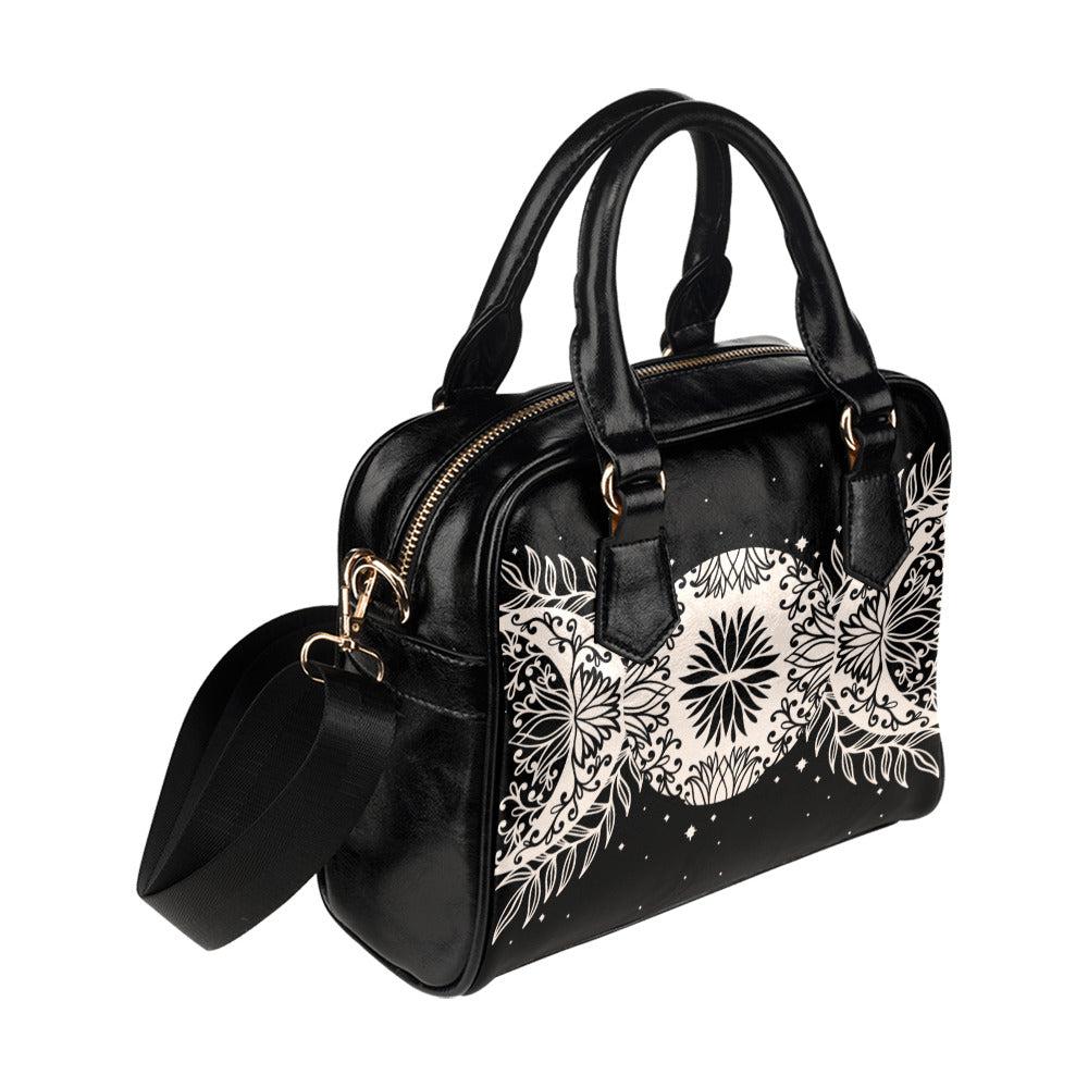 Triple Moon Vegan leather floral bowler Shoulder Handbag - sense forest