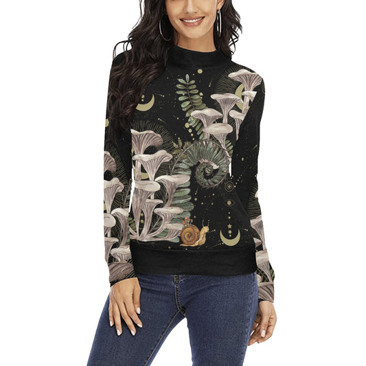 White Chanterelles Long Sleeves Shirt Women's All Over Print Mock Neck Sweater - sense forest