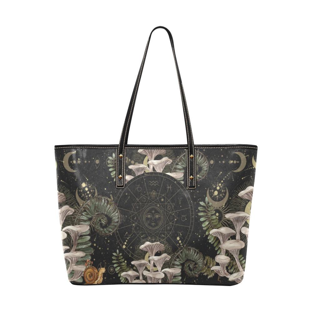 White mushroom Zodiac Leather zip tote Vegan Leather Tote Bag - sense forest
