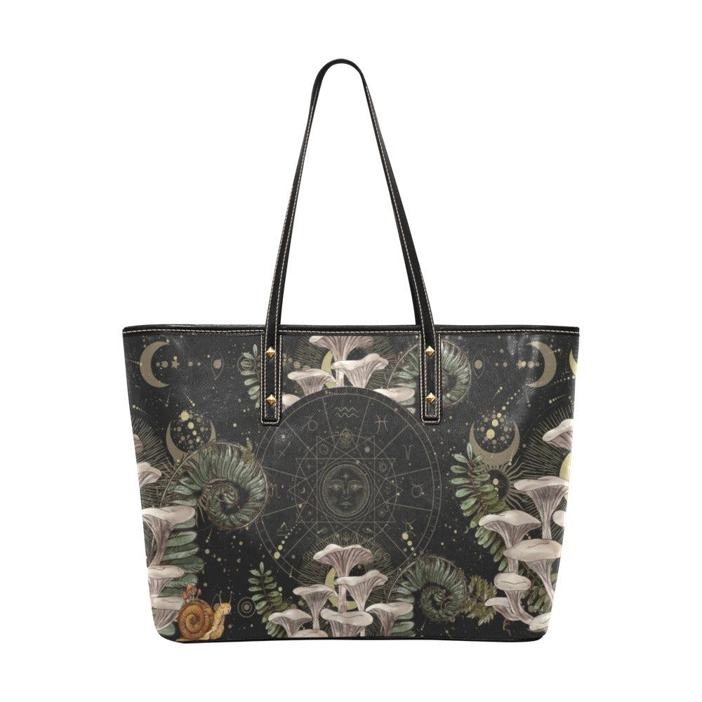 White mushroom zodiac Vegan Leather zip top tote - sense forest