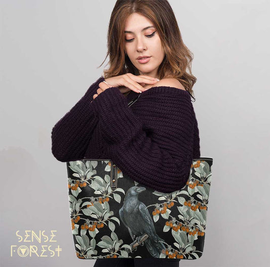 Witch Forest Crow cherry bush Vegan Leather Zip Top Tote Bag - sense forest
