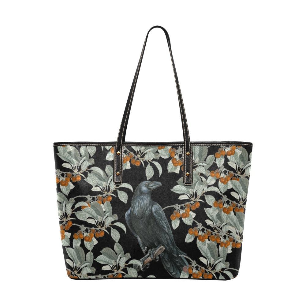 Witch Forest Crow cherry bush Vegan Leather Zip Top Tote Bag - sense forest