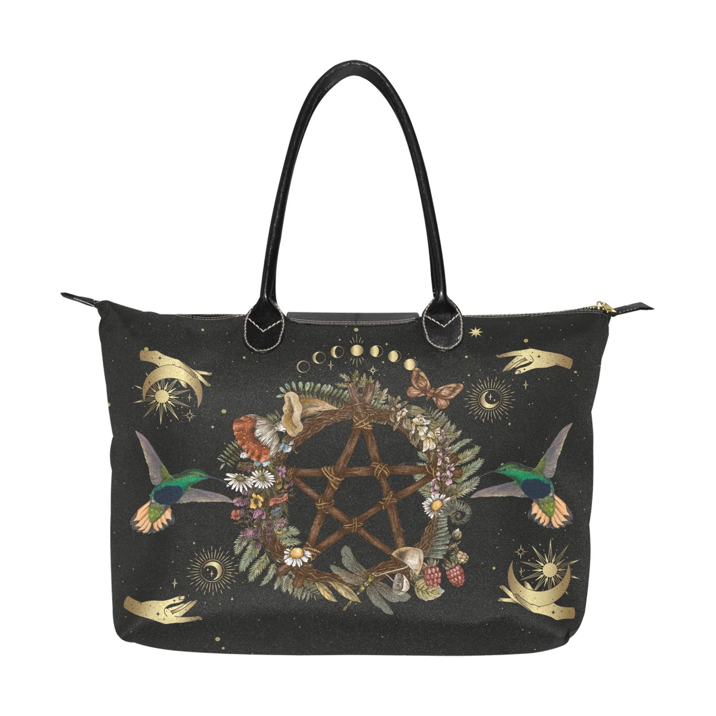 Witchcraft Pentagram black Vegan leather handles Classic fabric zip tote bag - sense forest