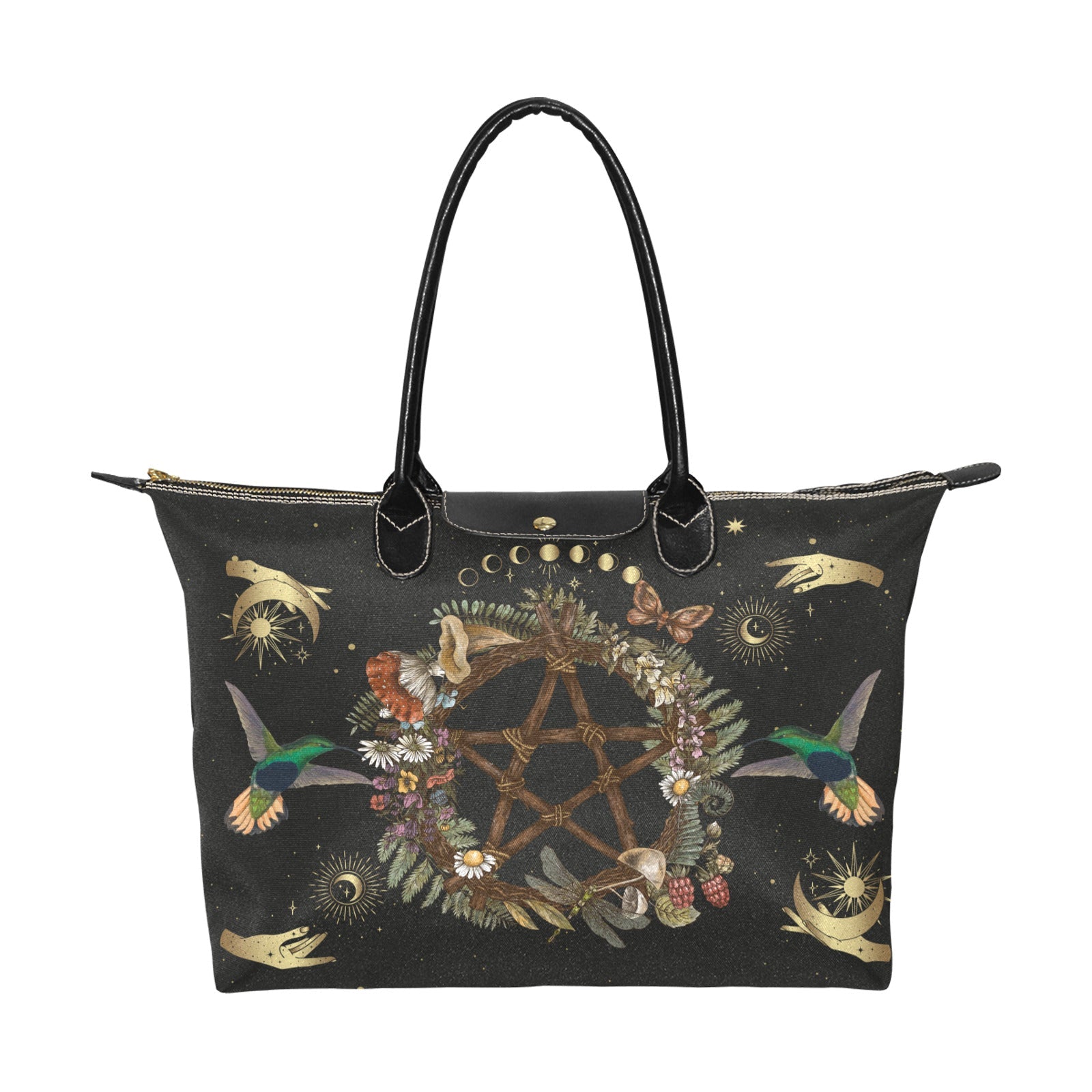 Witchcraft Pentagram black Vegan leather handles Classic fabric zip tote bag - sense forest
