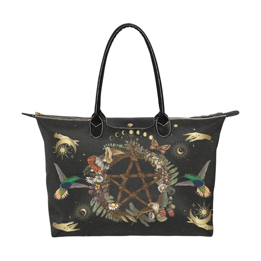 Witchcraft Pentagram black Vegan leather handles Classic fabric zip tote bag - sense forest