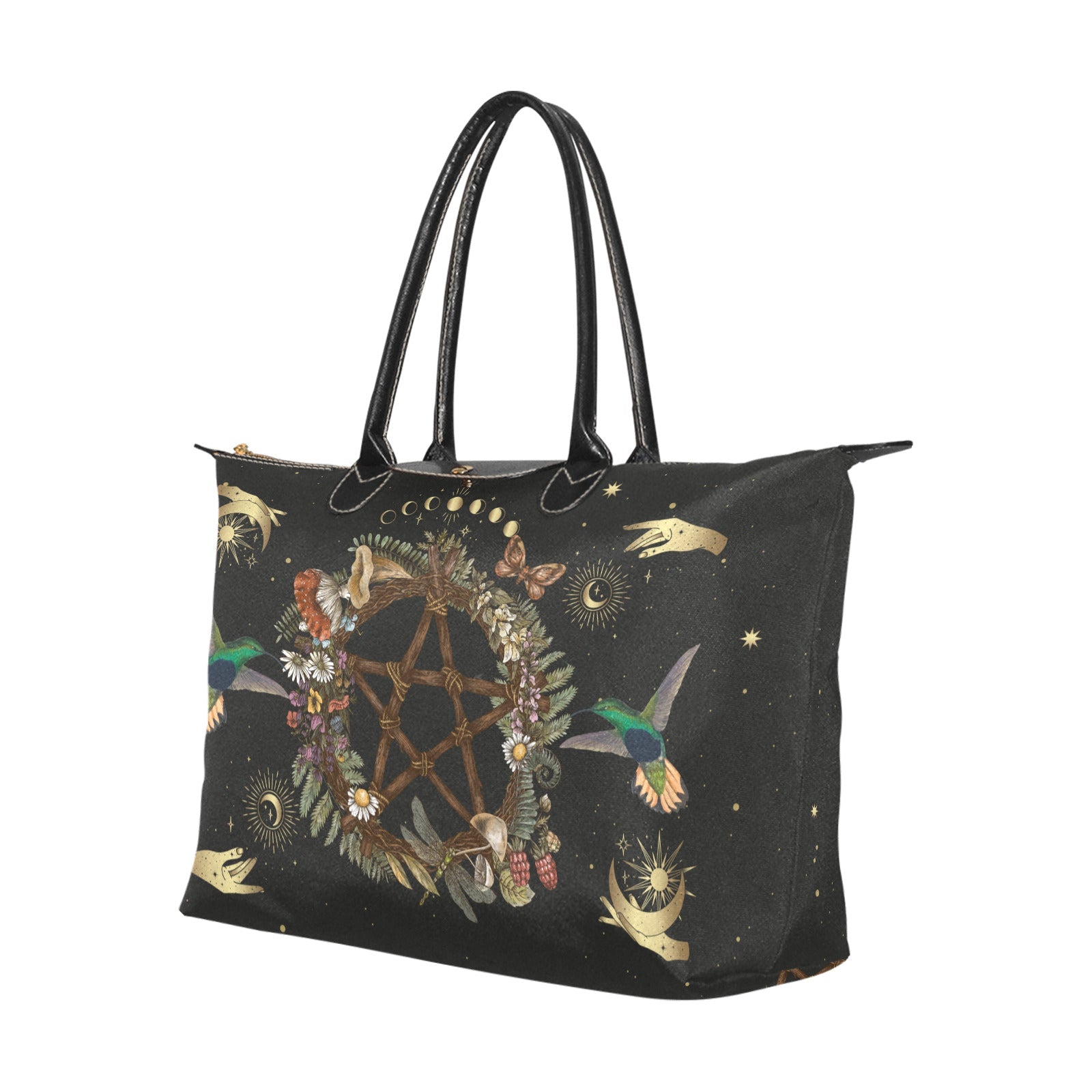 Witchcraft Pentagram black Vegan leather handles Classic fabric zip tote bag - sense forest
