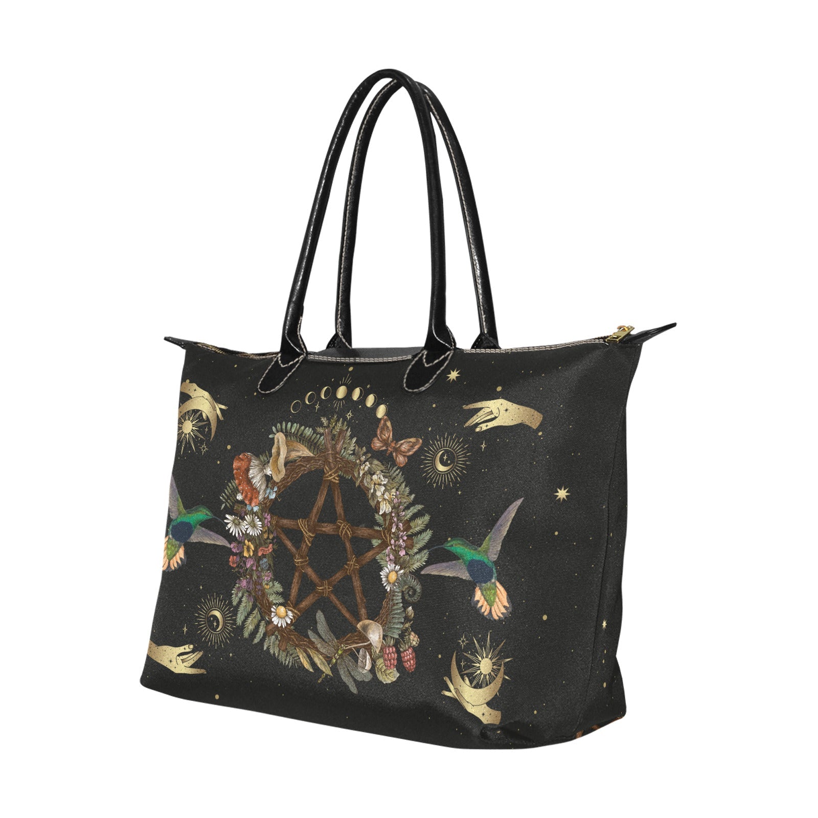 Witchcraft Pentagram black Vegan leather handles Classic fabric zip tote bag - sense forest